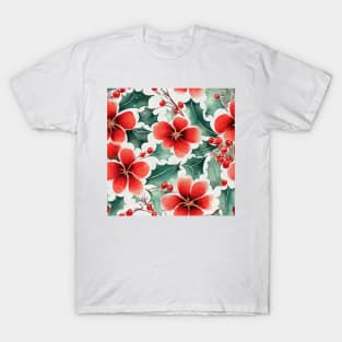 Christmas Red and Green Flowers with Holly Design on White Background T-Shirt